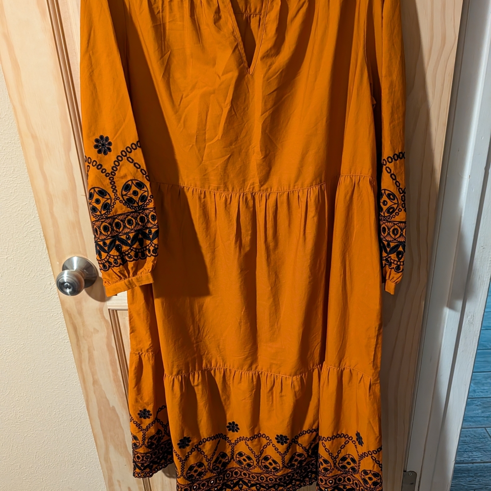 Chico's Mustard Long-Sleeve Tiered Midi Dress with Black Embroidery